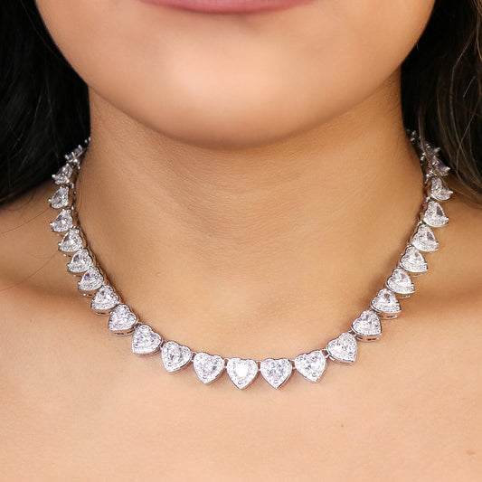 Iced Heart Pink Diamond Cuban Choker - White Gold 16