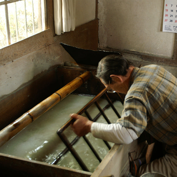 Washi bath and Su.  Scooping up the kozo fibres to make a thin beautiful sheet of handamade japanese paper.