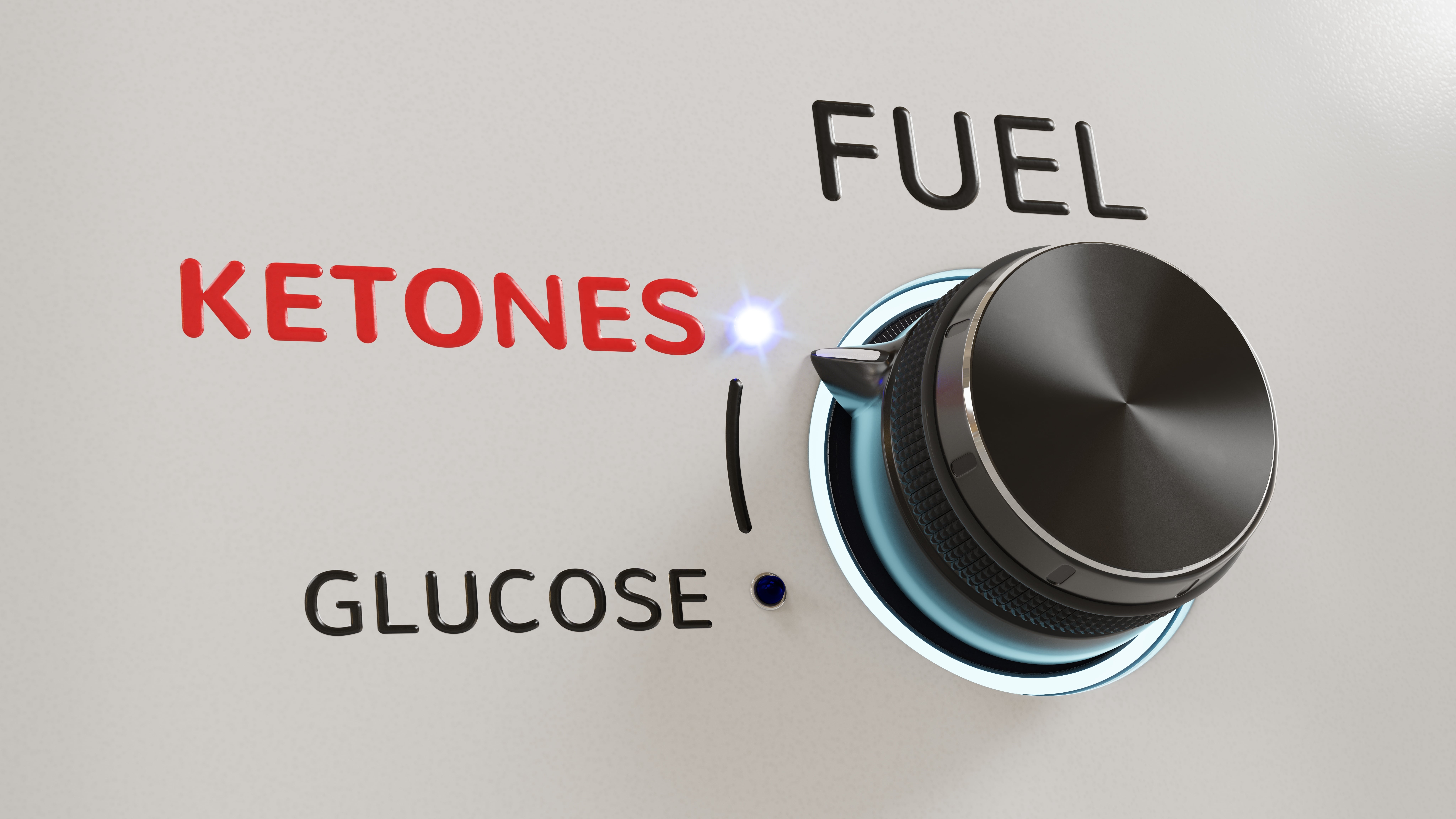 Betweeen glucose and ketones, a knob is set to ketones as the fuel choice. Betweeen glucose and ketones, a knob is set to ketones as the fuel choice.