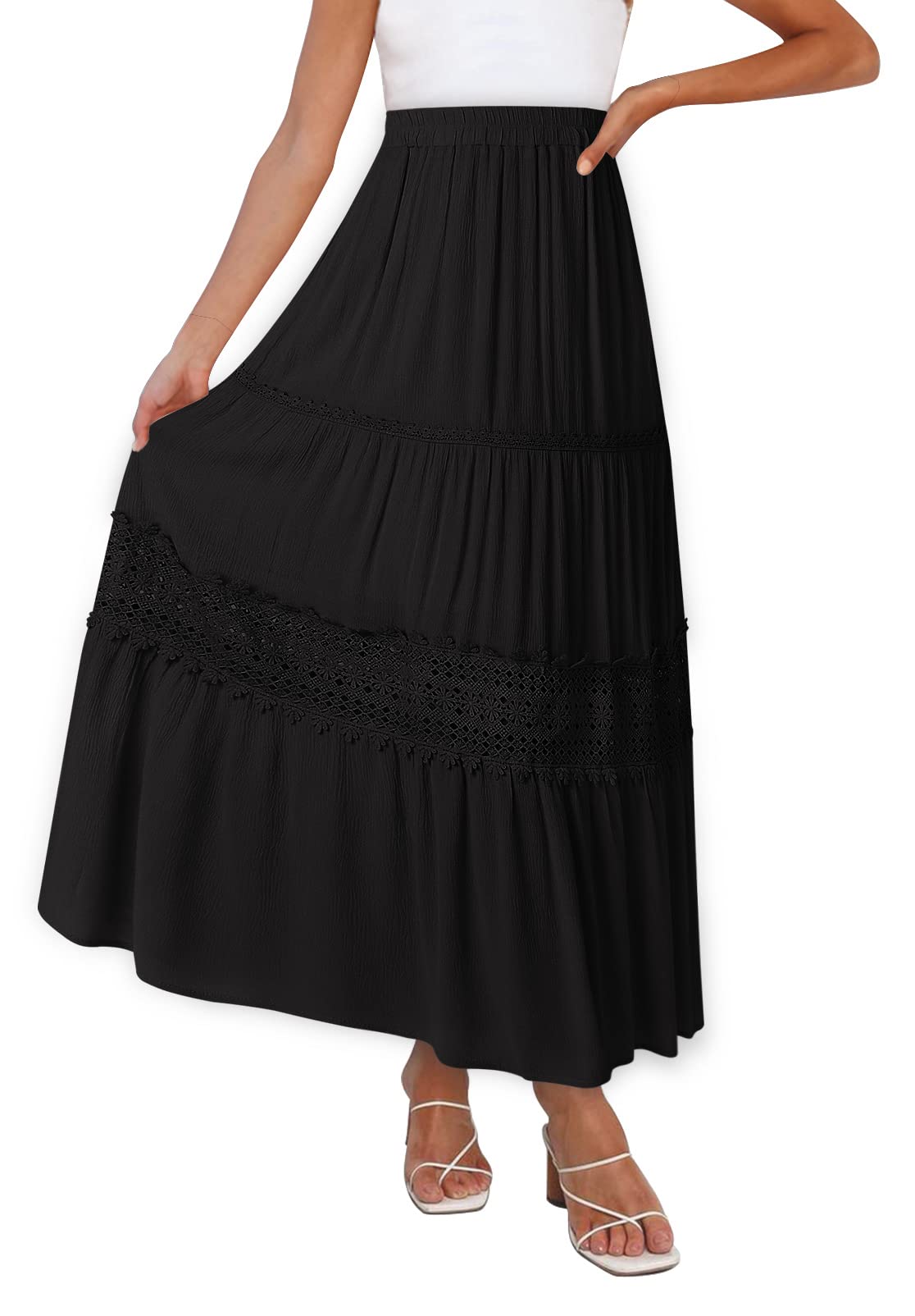 Elastic High Waist Pleated Lace Trim Tiered Skirt – Merokeety