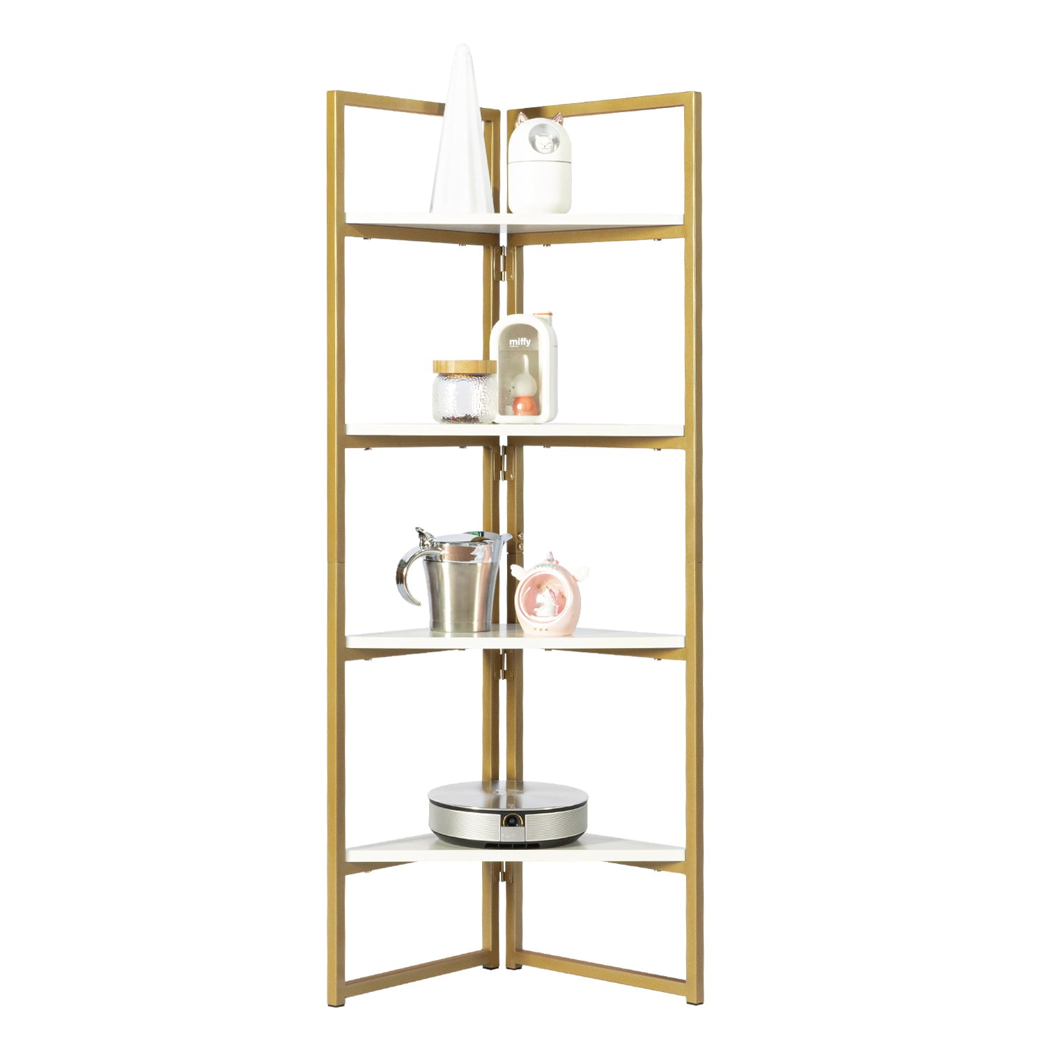 Yardi Yard White&Gold 4-Tier Corner Shelf, Wood and Metal Open Standing Storage Bookshelf Bookcase