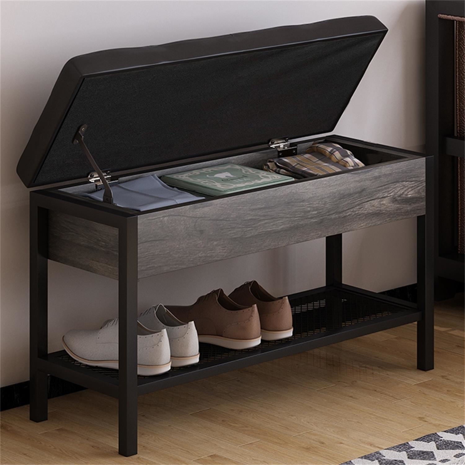 Kadyn Upholstered Shoe Bench for Bed, Shoe Storage Bench with Storage Box and Grid Shoe Shelf, Shoe Organizer and Shoe Rack, Black