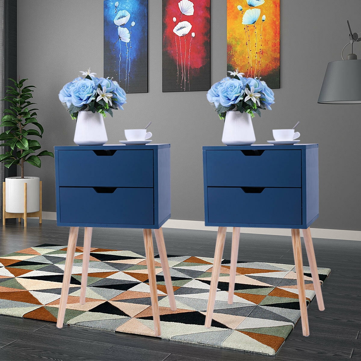 Kepooman Wood Night Stand Set of 2, Modern End Side Table with 2 Drawers for Bedroom - Blue