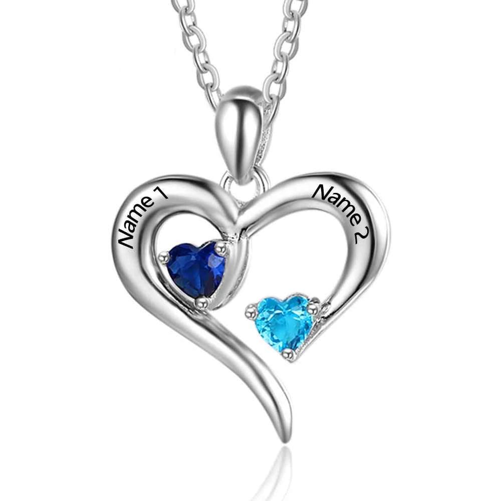 Personalized 925 Sterling Silver 2 Birthstone Necklace Pendants Engraved Heart BirthStones Jewelry Mom Gift - Personalized Jewel product image