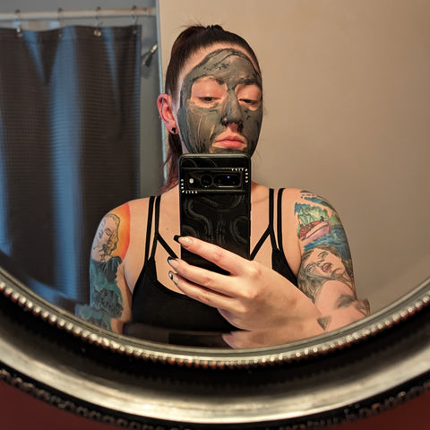 Erin wearing charcoal face mask