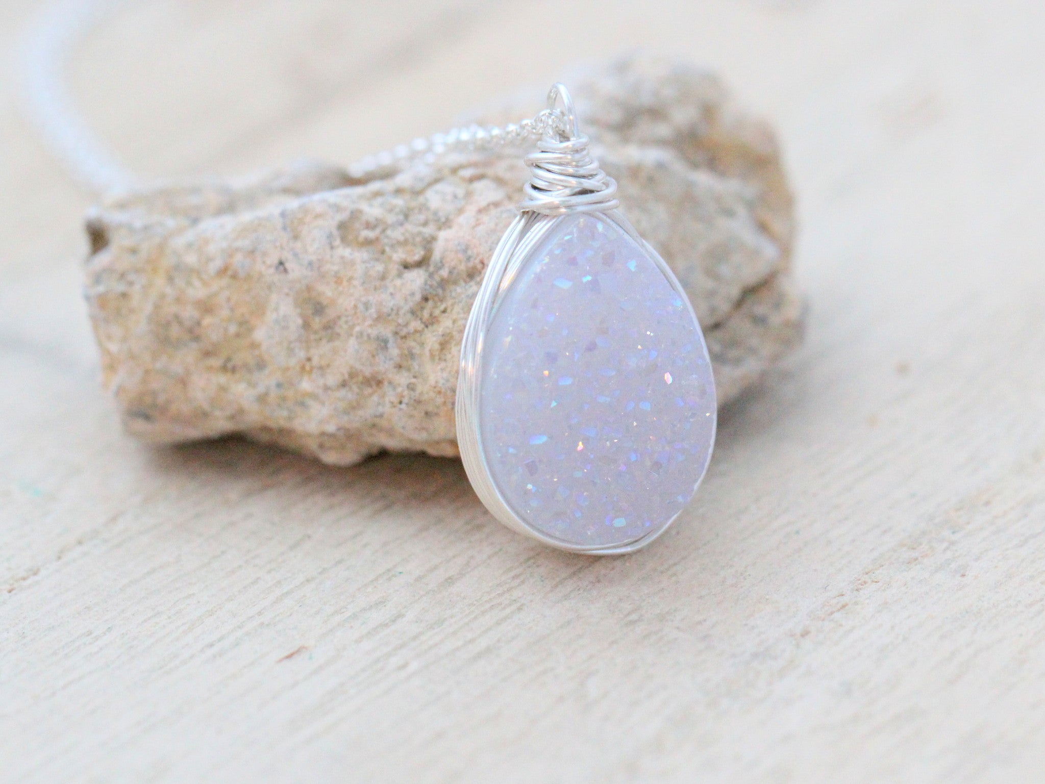 White Druzy Teardrop Necklace  - Sterling Silver