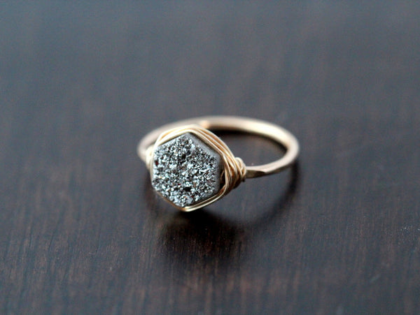 Hexagon Druzy Ring - Platinum - Saressa Designs®