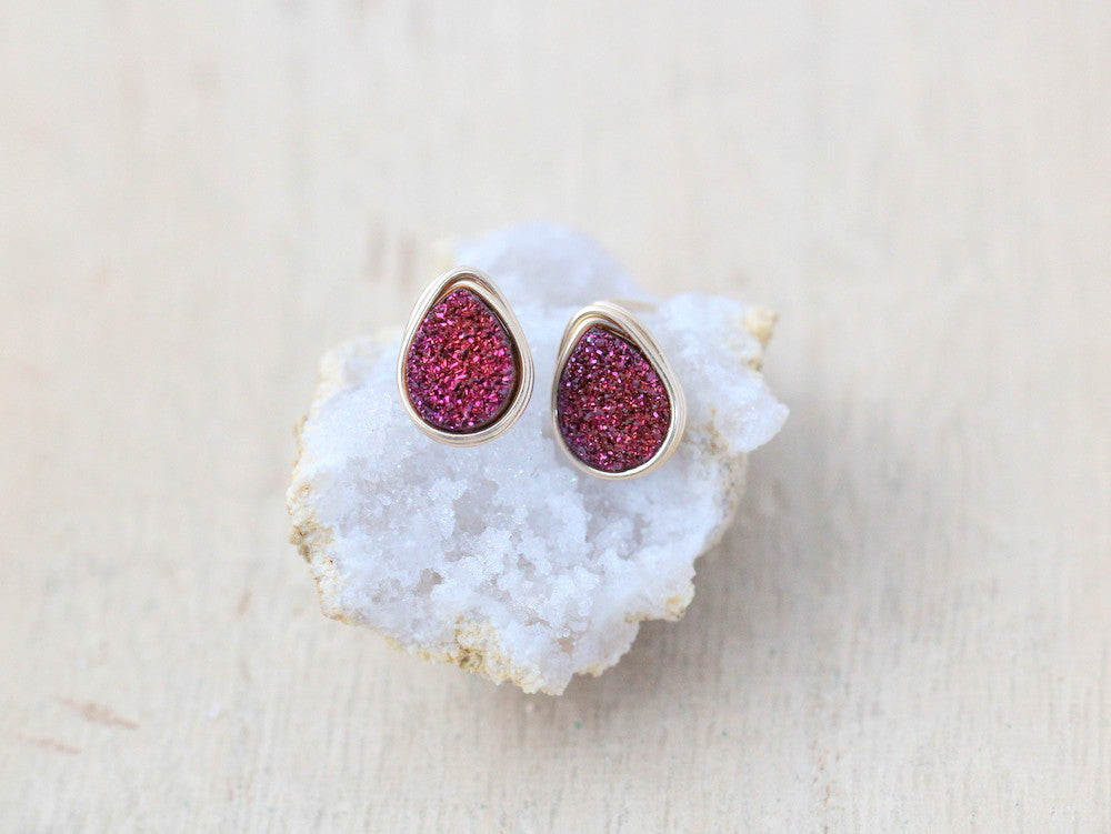 Druzy Teardrop Studs - Aubergine