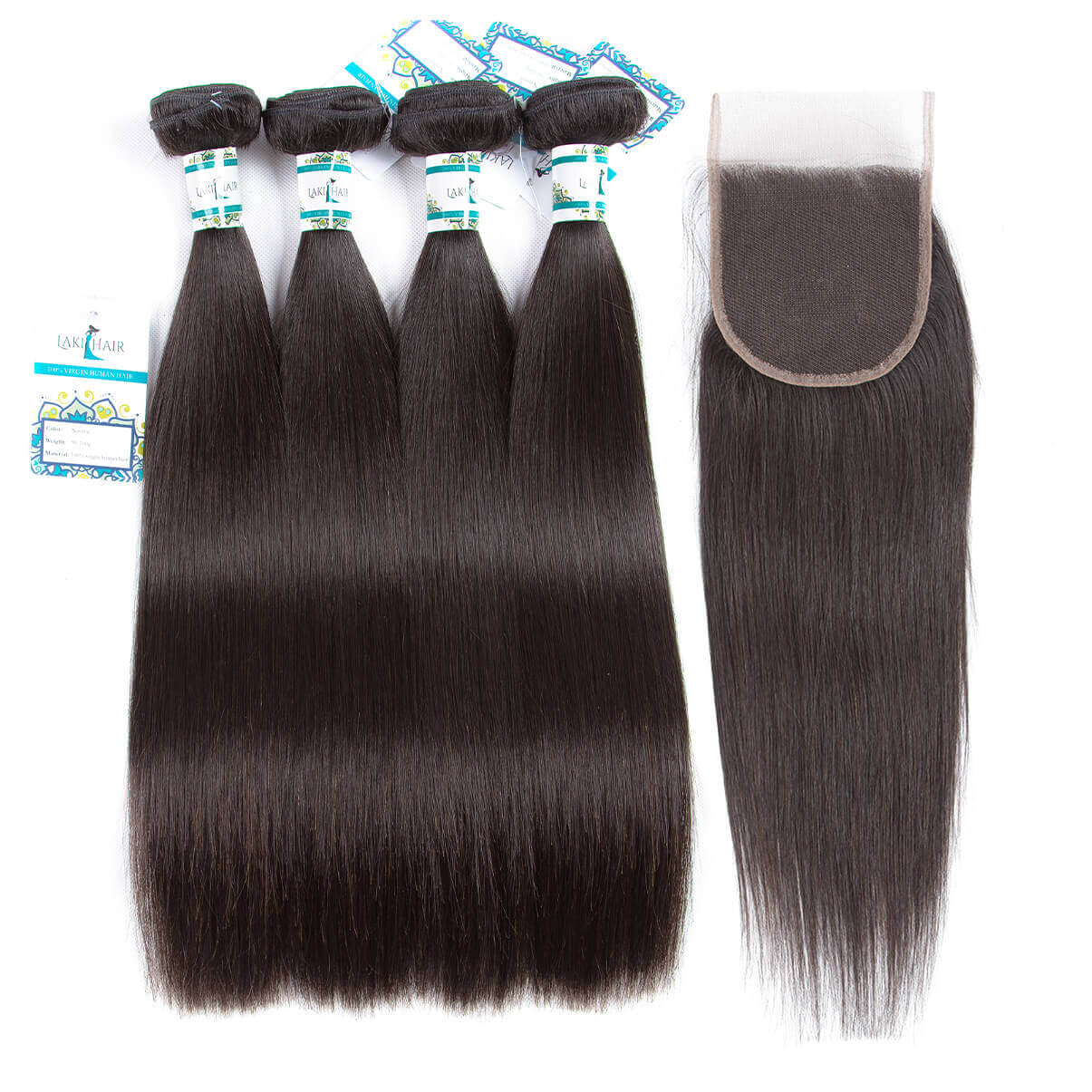 Lakihair 8A Brazilian Unprocessed Virgin Human Straight Hair 4 Bundles With Lace Closure 4x4