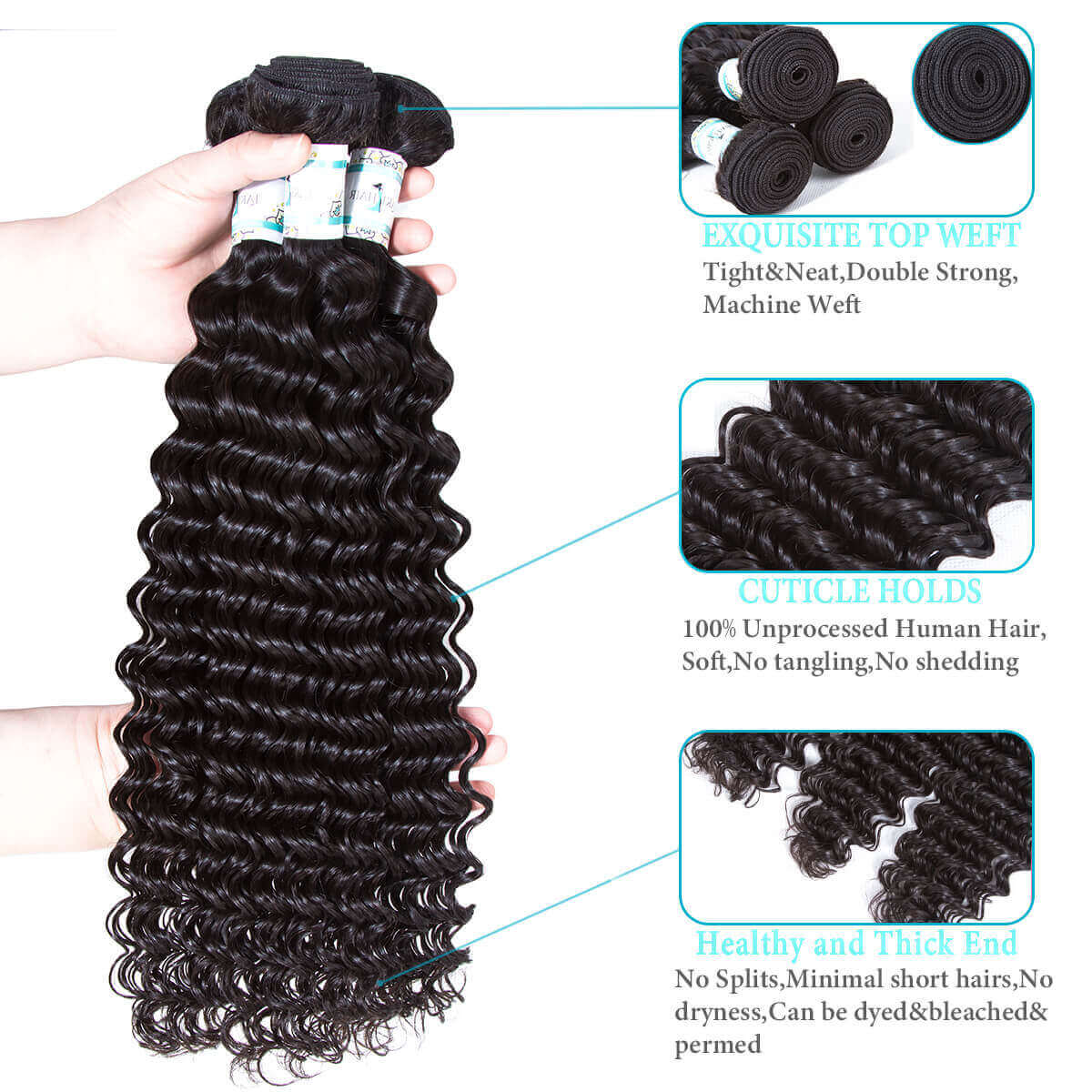 Lakihair 8A Brazilian Virgin Human Hair Deep Wave 3 Bundles With Lace Frontal Closure 13x4