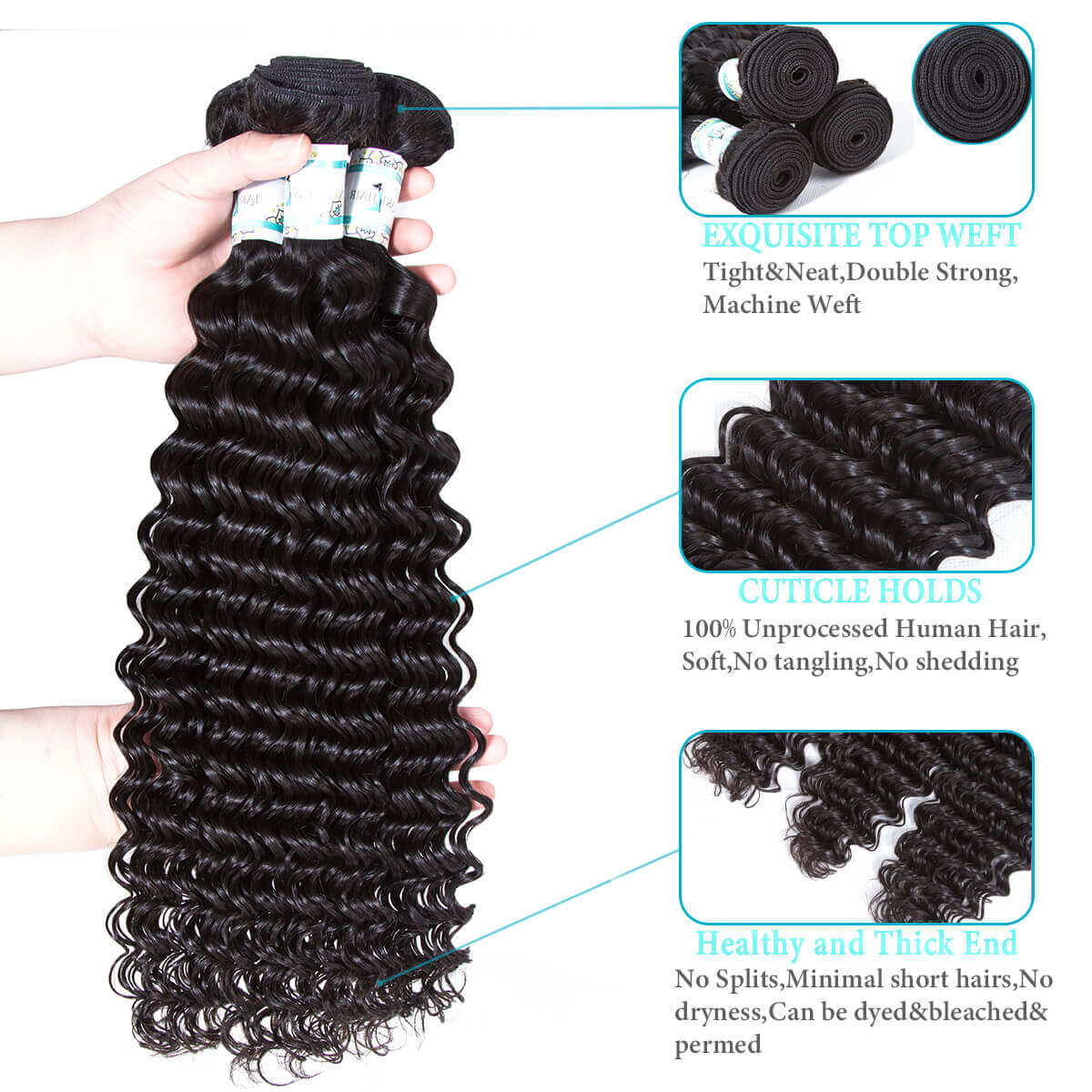 Lakihair 8A Brazilian Deep Wave Real Virgin Human Hair Bundles 3 Bundles Deals 100% Unprocessed Human Hair Weaving Soft Full Bundles