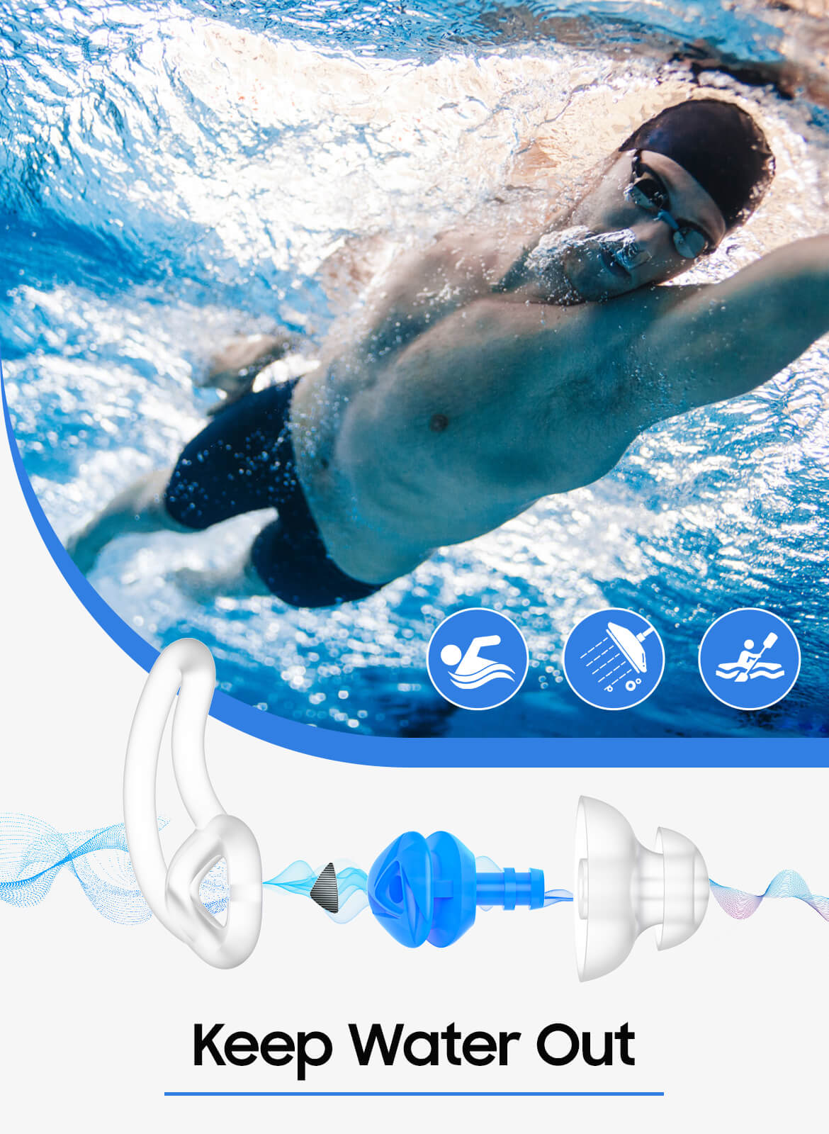 Fin-like Hearprotek 2 Pairs Custom-fit Swimming Ear Plugs for Adults Blue