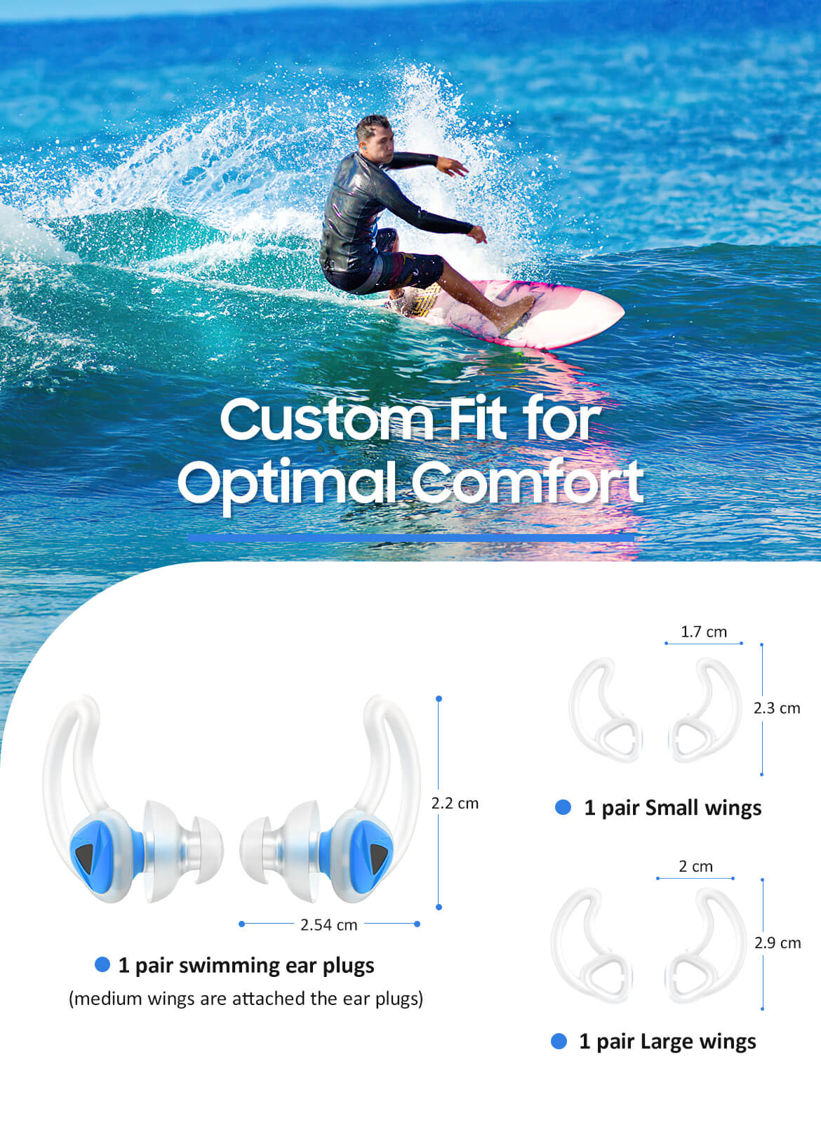 Custom-fit Swimming Ear Plugs for Adults Blue