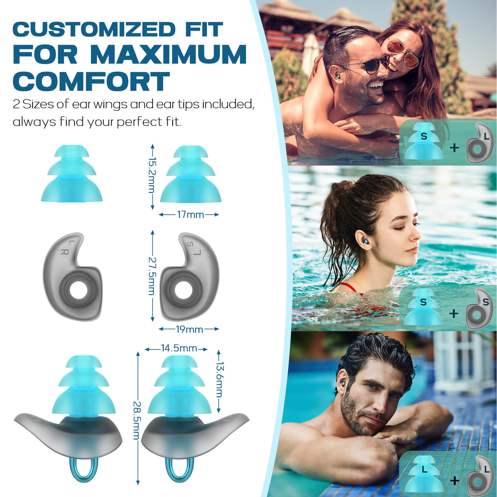 Tailored Seal Pro Hearprotek 4 Flanged Custom-fit Swimming Ear Plugs for Adults