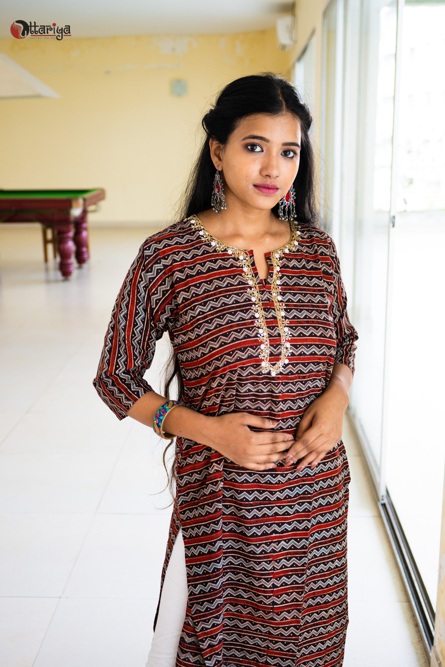 Mayur Ajrakh Hand embroidered Handloom Cotton Kurti | Urmul Store