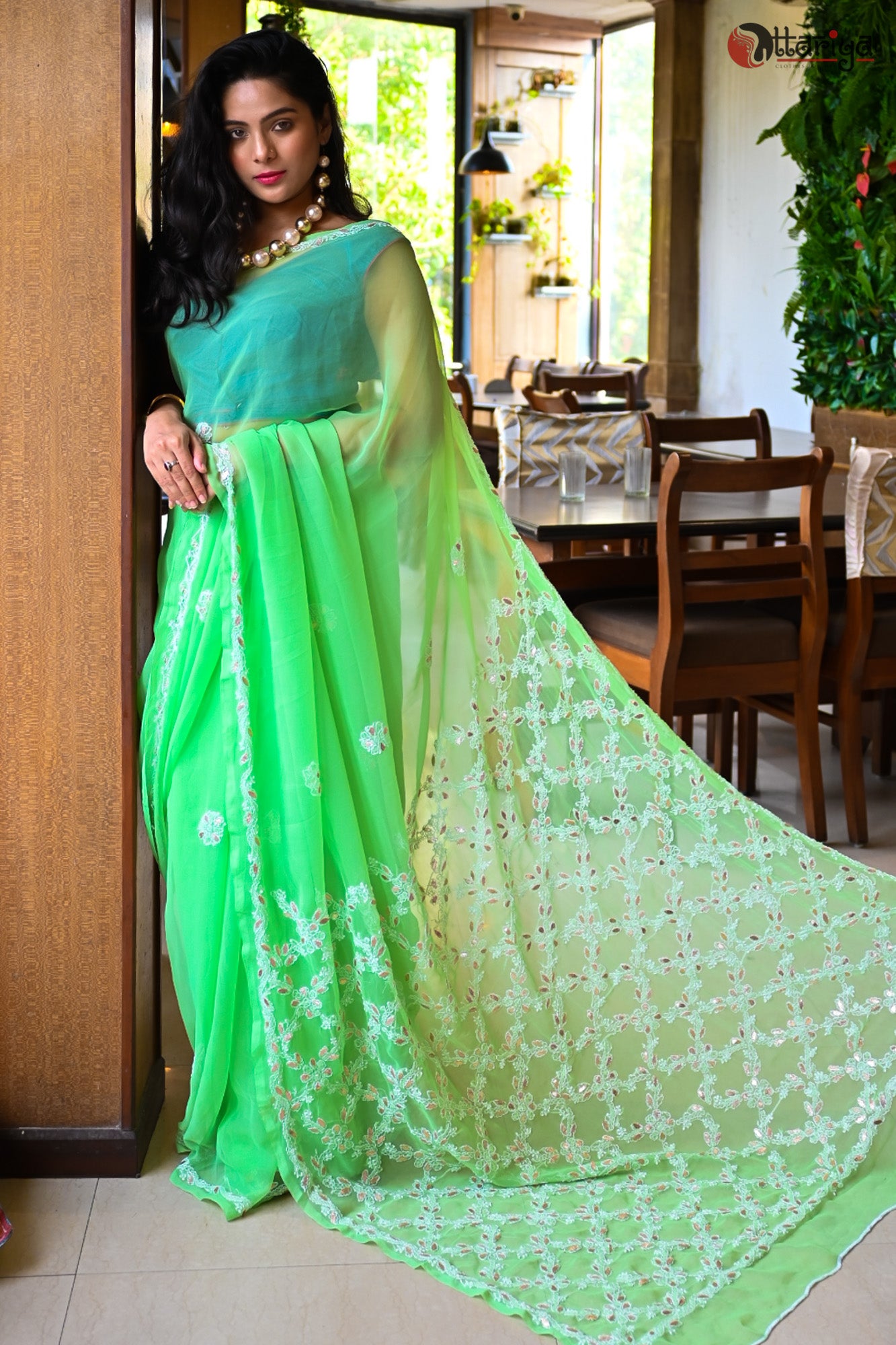 Chic Green Lucknowi Chikankari Saree With Sequins & Multi-threaded Sequence  Work: Handcrafted Fancy Thread, Moti Stone, and Real Mirror Work - Etsy