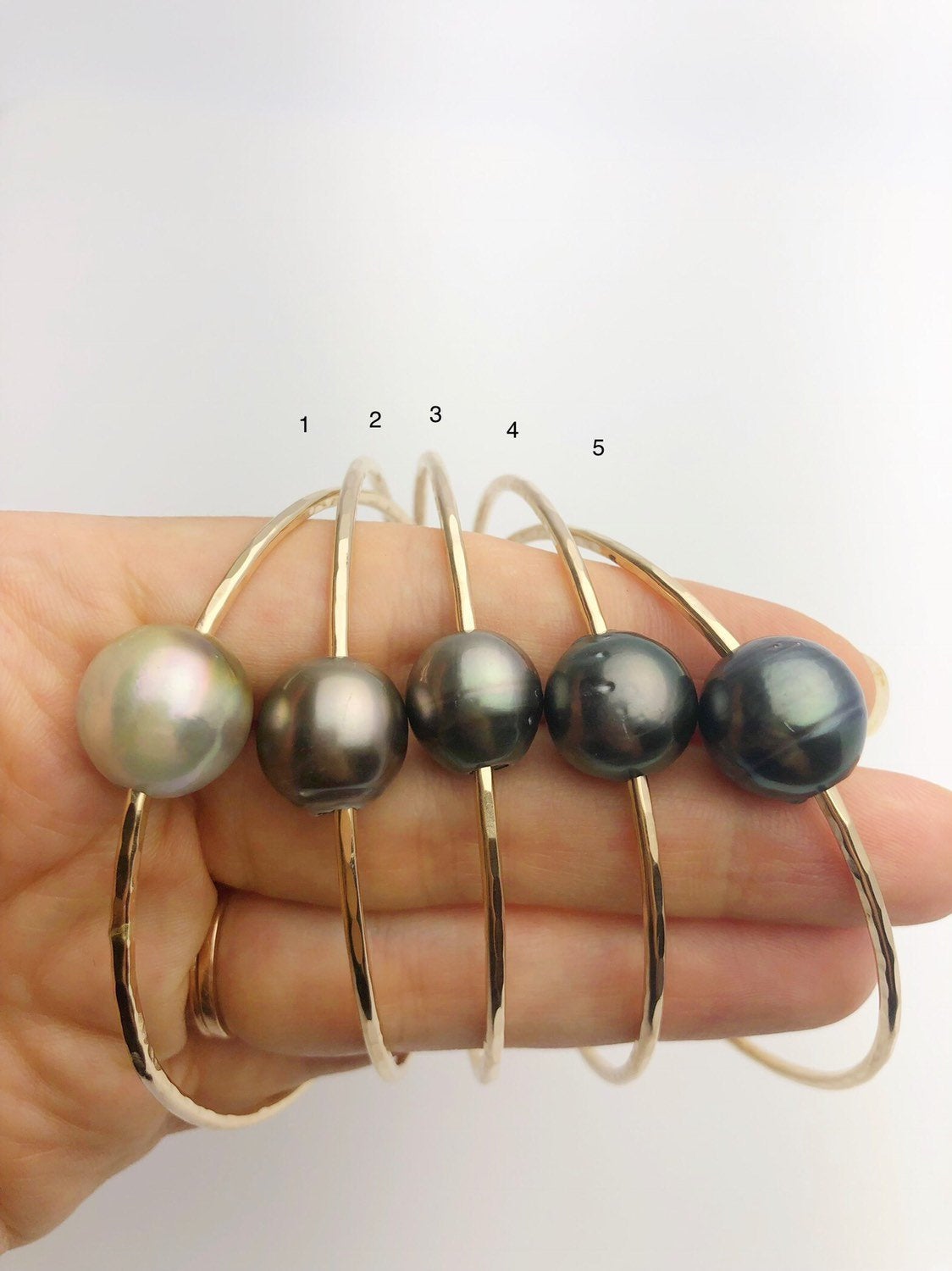  14K Gold Filled Single Tahitian Pearl Bangle Bracelets - Size Large - 13-14mm Pearls (787 No. 1-5) 