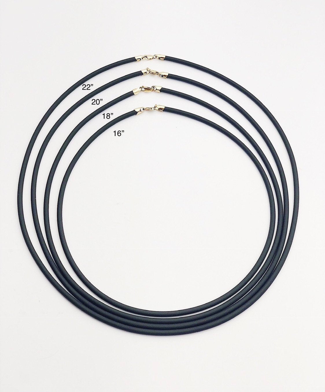  14K Gold Filled & Black Rubber Necklaces. 16", 18", 20", 22" available. 