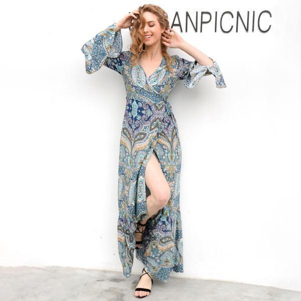 Floral Print Split Beach Summer V Neck Kimono Sexy Dress Sash Wrap Maxi Dresses