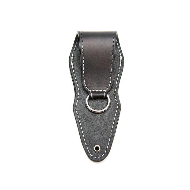 black custom stamped leather sheath with white stitching