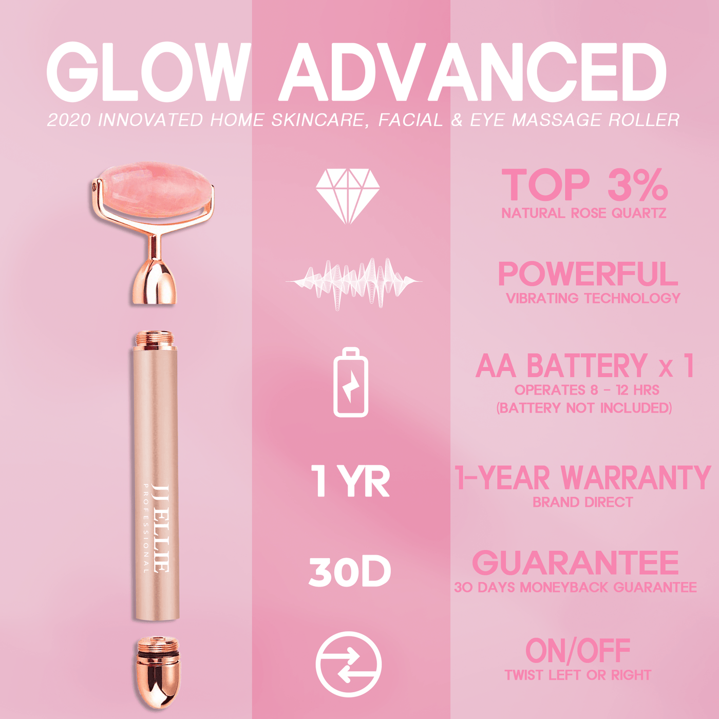Glow Advanced Rose Quartz Facial Roller (Manual) JJ ELLIE SKINCARE