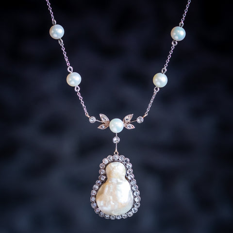 Art Deco Baroque Pearl Diamond Lavaliere Necklace 18ct Gold 2ct Of Diamond Circa 1920
