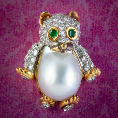 Vintage Diamond Pearl Bear Pendant Brooch