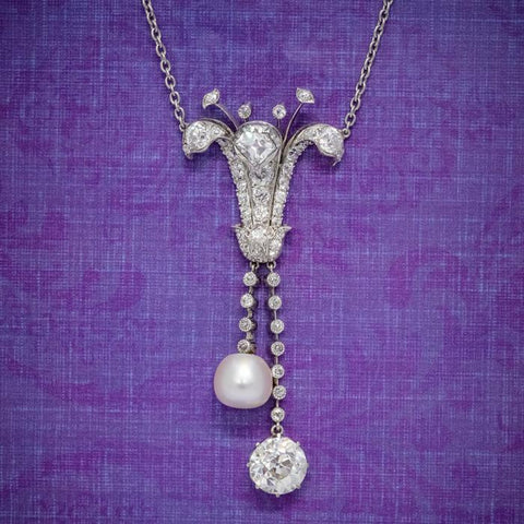 Art Deco Diamond Natural Pearl Lily Pendant Necklace