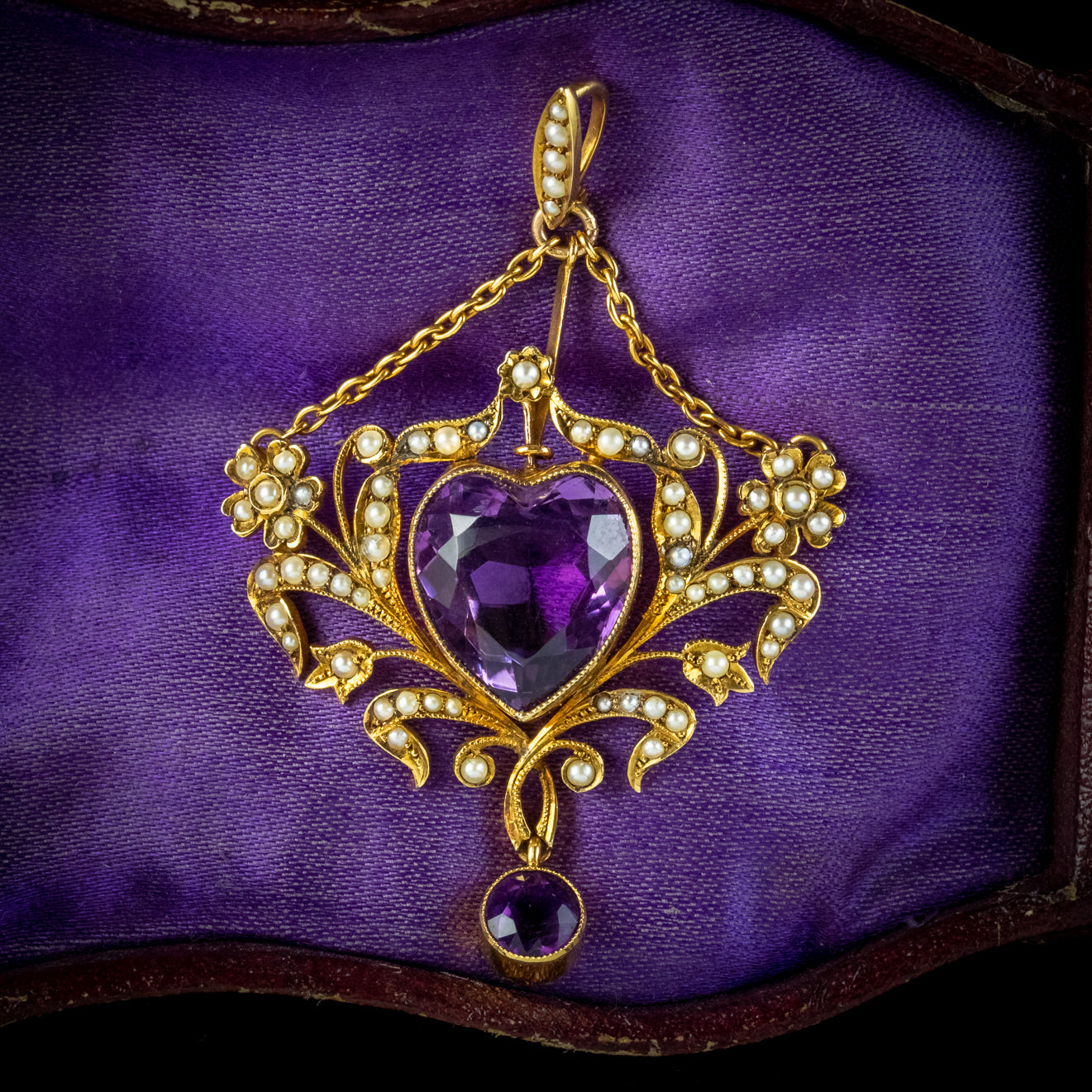 ANTIQUE VICTORIAN AMETHYST PEARL HEART PENDANT 18CT GOLD 10CT AMETHYST ...