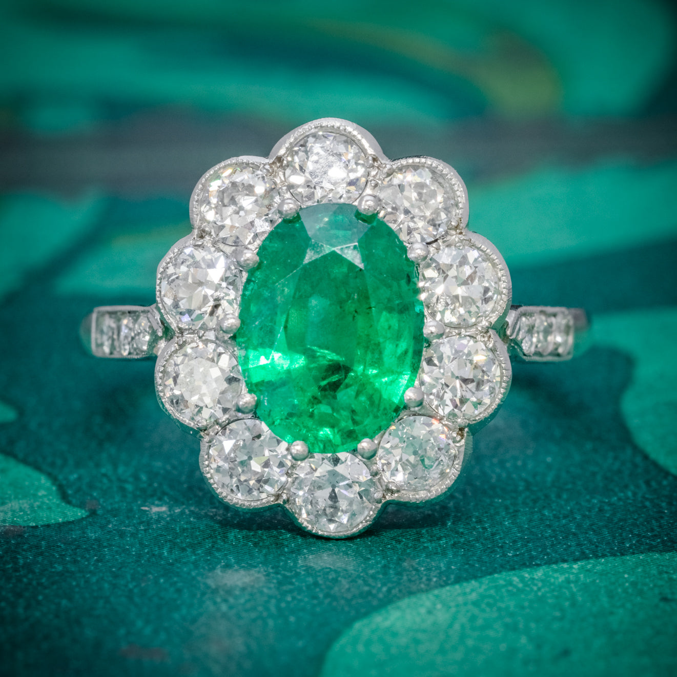 EMERALD DIAMOND CLUSTER RING PLATINUM 2.50CT EMERALD 1.20CT DIAMOND ...