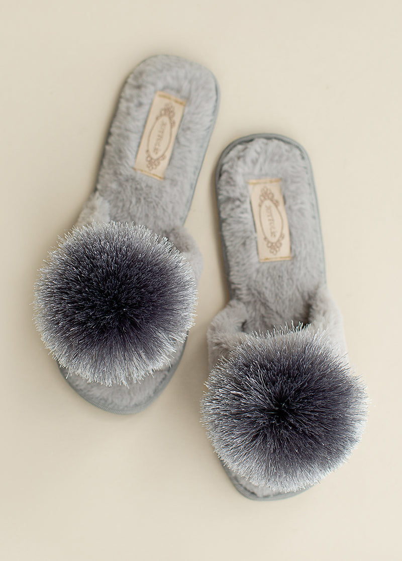 grey pom pom slippers