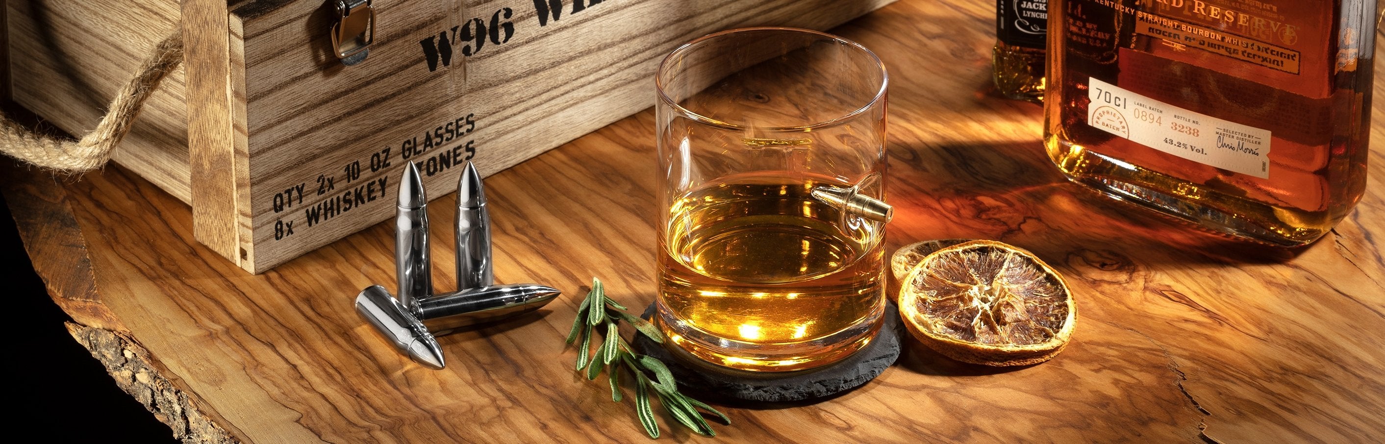 Whiskey Stone Bullets Gift Set in a Wooden Army Crate Gold