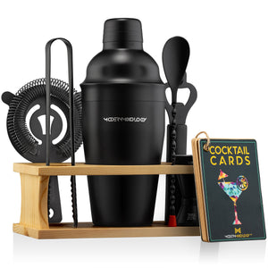 Mixology Bartender Kit - 8-Piece Cocktail Shaker Set with Wood Stand,  Recipe Cards, and Bar Accessories Ideas (Silver)