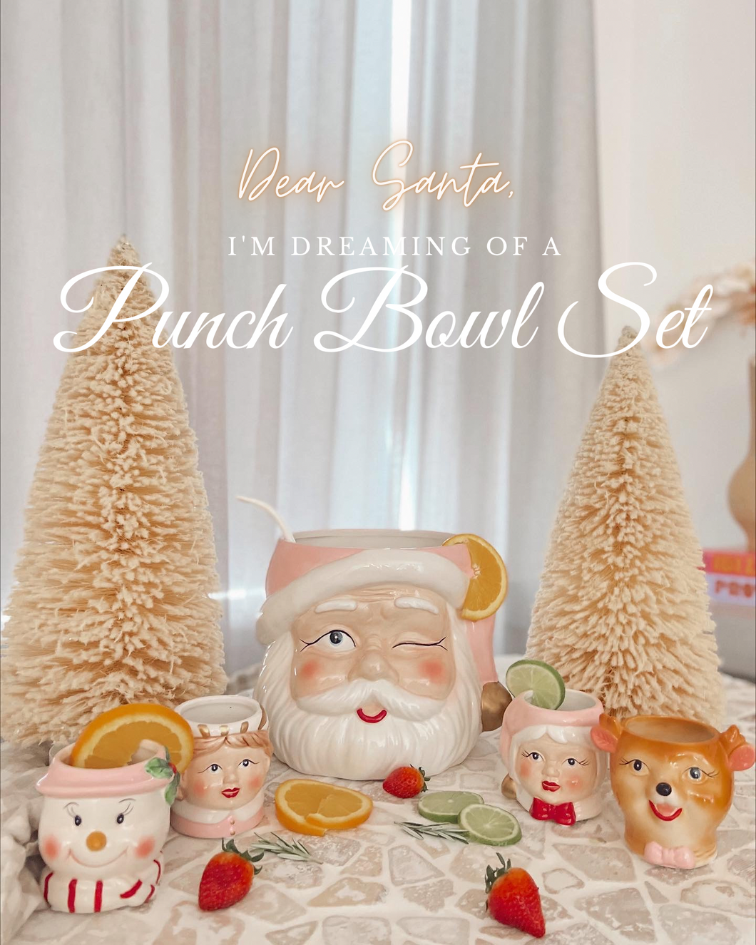 Vintage Pastel Santa Punch Bowl Set
