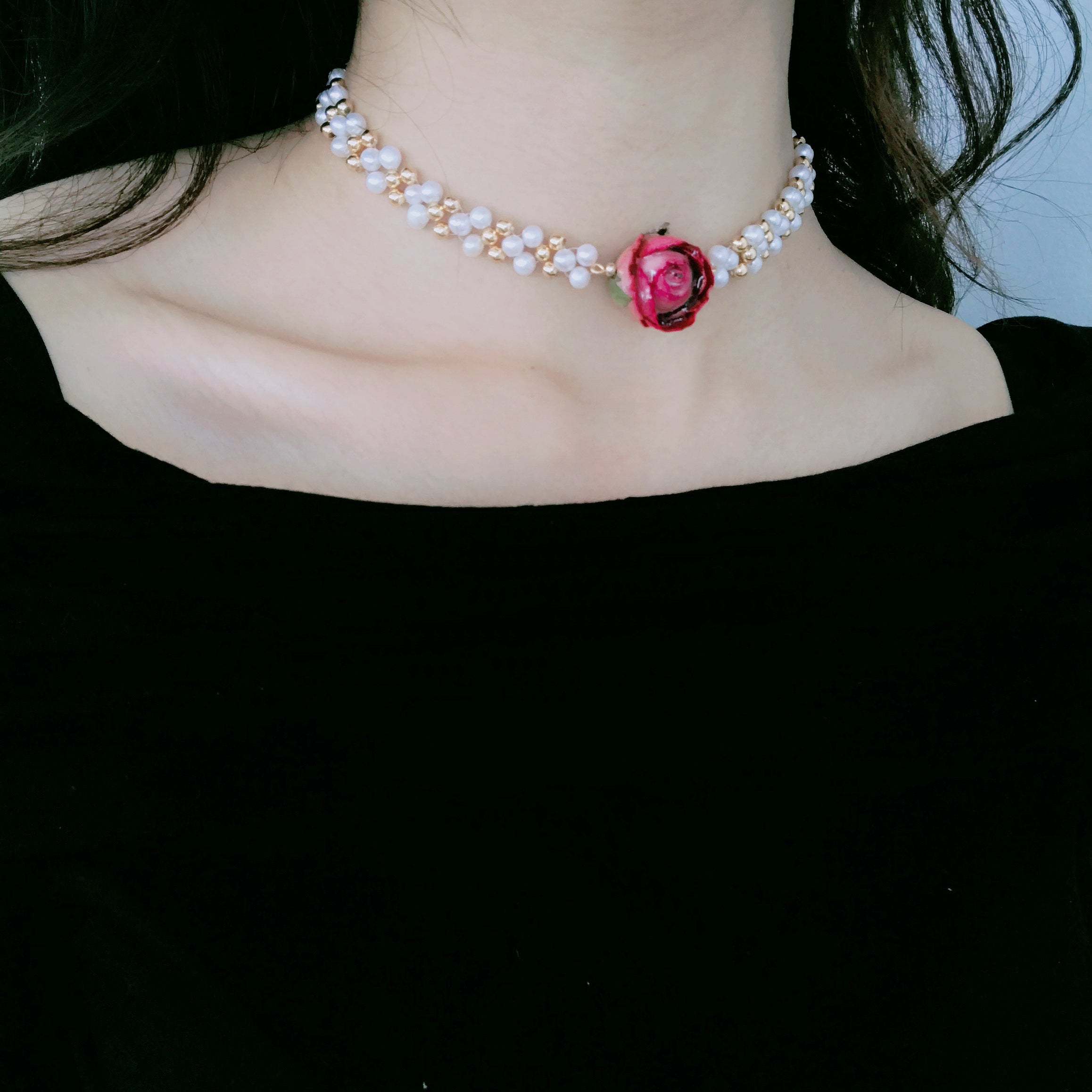 *REAL FLOWER* Bella Rosa Braided Freshwater Pearl Choker Necklace w-Pi ...