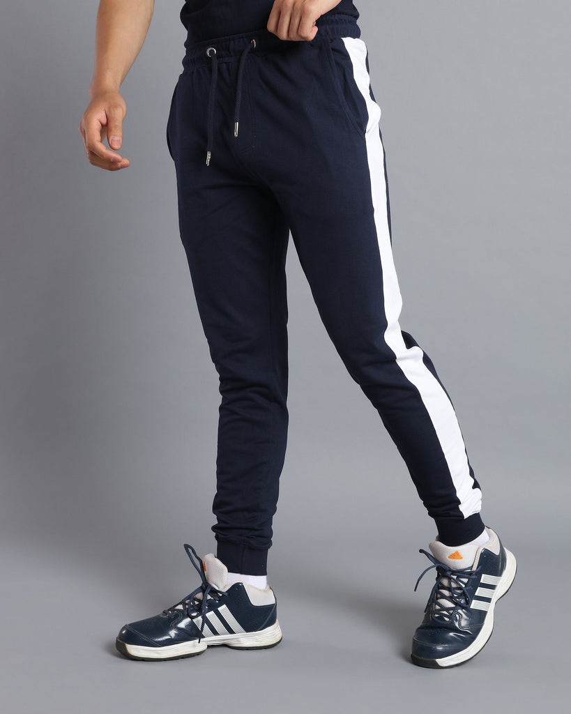 navy blue joggers with white stripe