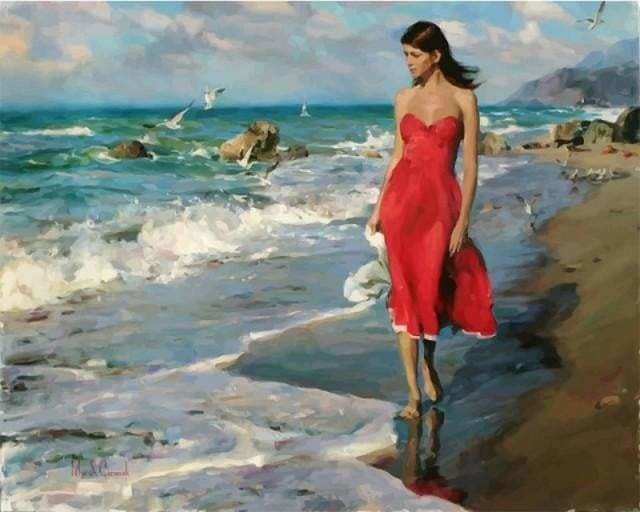 Peinture Par Numeros Bord De Mer Et Femme En Rouge Figured Art