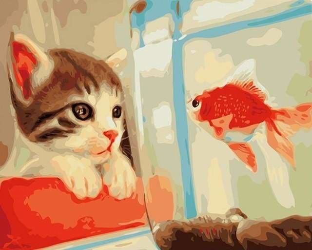 Peinture Par Numeros Chat Et Poisson Rouge Dans Son Bocal Figured Art