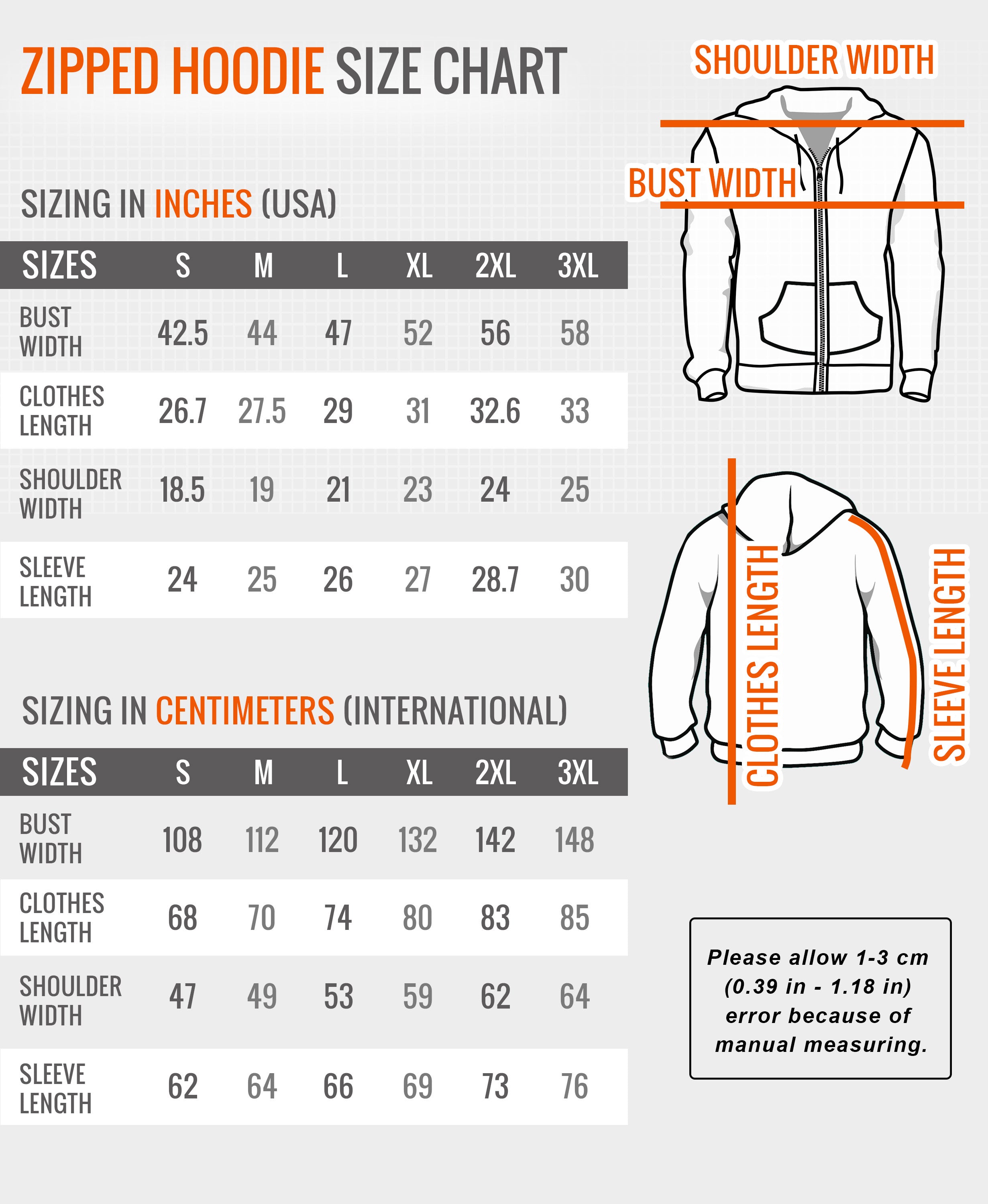 Zipped Hoodie Size Chart – Fandomaniax