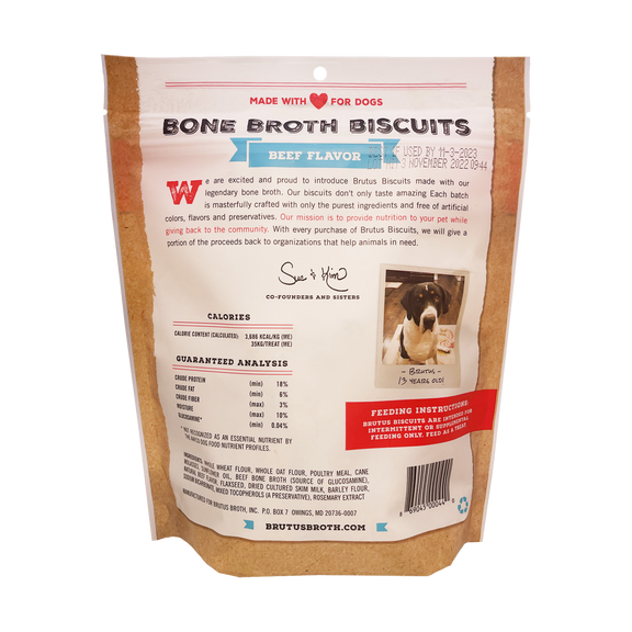 Brutus Bone Broth Biscuits - Beef Flavor Back of Packaging with story and nutritional details