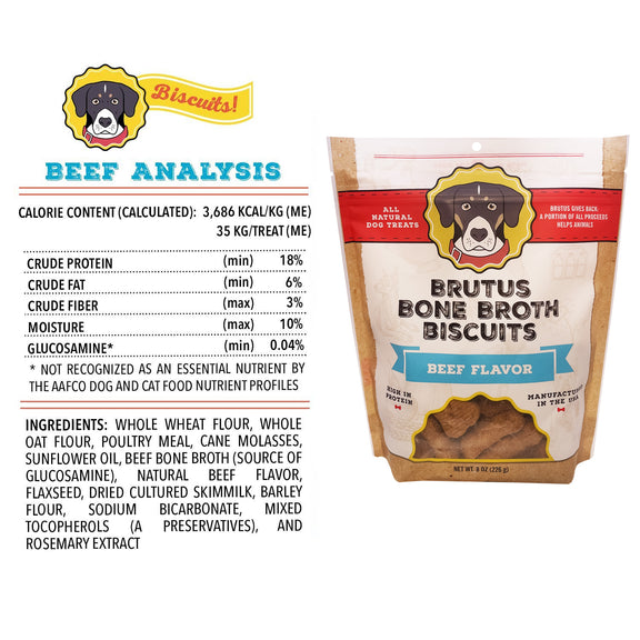 Brutus Bone Broth Biscuits - Beef Flavor Nutritional Analysis and Ingredient List. Please reference the product description for full details