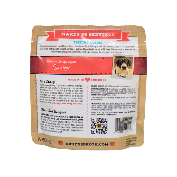 Beef Instant Brutus Bone Broth Mega Pack Bag back side with story and guaranteed analysis. Please reference product description for details.