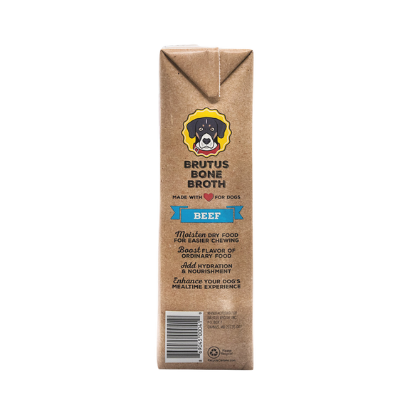 Side of the Beef Brutus Bone Broth Box with highlight benefits of bone broth. Moisten dry food for easier chewing, Boost flavor of ordinary food, Add hydration and nutrition, and Enhance your dog's mealtime experience.