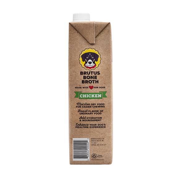 Brutus Bone Broth - Chicken Flavor side of box with benefits. Moisten dry food for easier chewing, Boost flavor of ordinary food, Add hydration & nourishment, Enhance your dog's mealtime experience