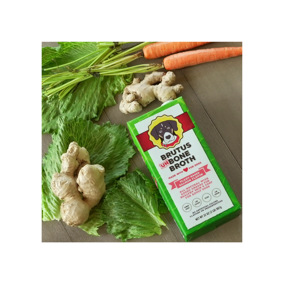 Vegetable Salmon-Flavored Brutus Un-Bone Broth box with vegetables around it