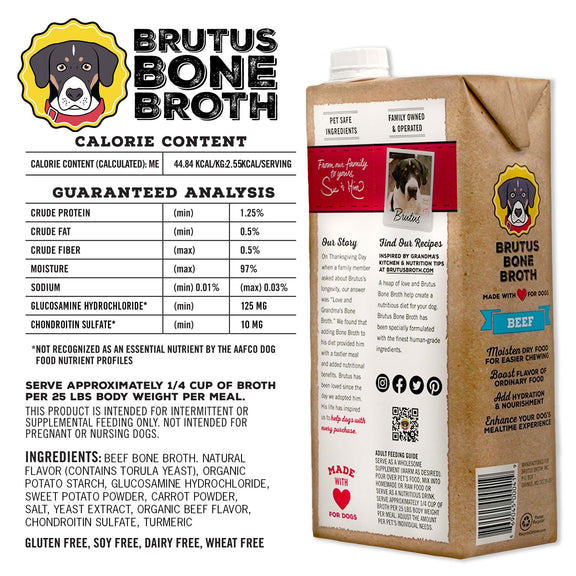 Nutritional analysis and ingredients of Brutus Bone Broth Beef Flavor. Please reference product description for details