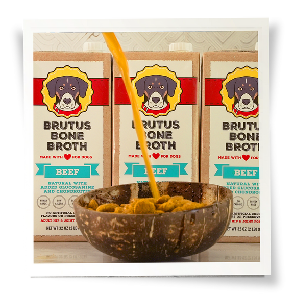 Three Brutus Bone Broth Beef Flavor Boxes with a bowl of dog kibble and broth being poured into it. 