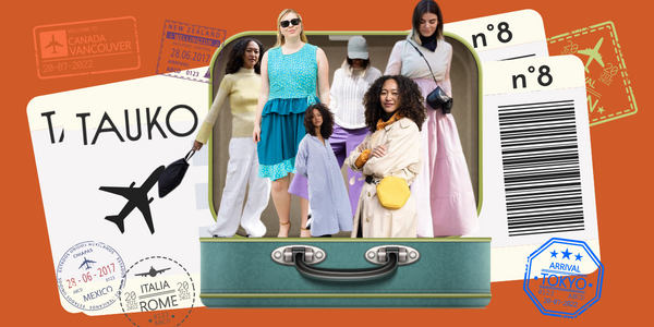 A collage of Tauko Magazine issue 8 travel inspired sewing patterns, modeled by 3 different women.