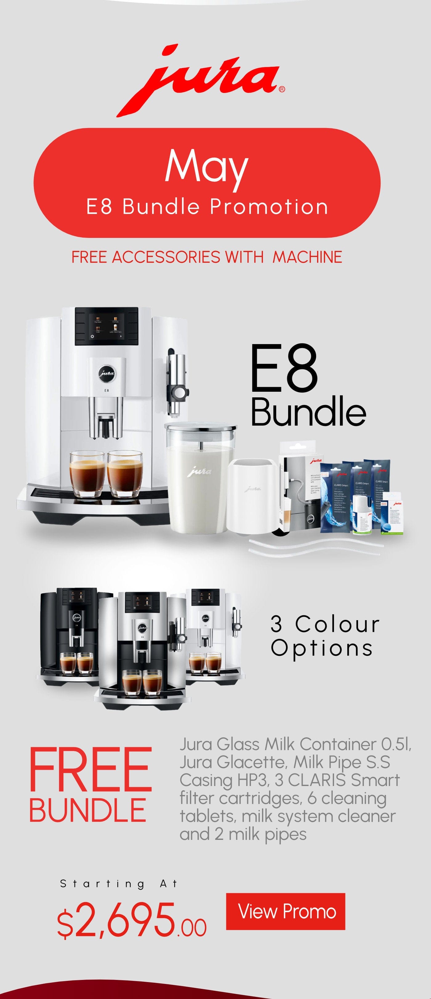 Jura E8 Black Automatic Coffee Machine Bundle (Free Jura Glass Milk Container 0.5l, Jura Glacette Black, Milk Pipe S.S Casing HP3 and Care Kit)