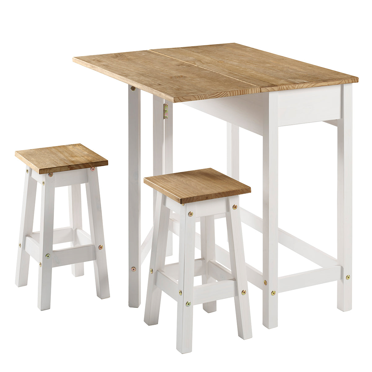 Wood Breakfast Set of Drop Leaf Table and 2 Stools Corona Snow